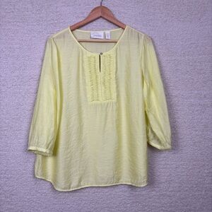 Chico's Top Womens 1 M/8 Yellow‎ Beaded Cut Out 3/4 Sleeve Pull Over Blouse